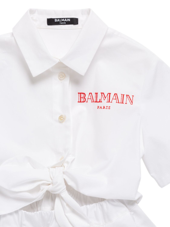 Balmain: Vestito in popeline di cotone con logo - Bianco - kids-girls_1 | Luisa Via Roma