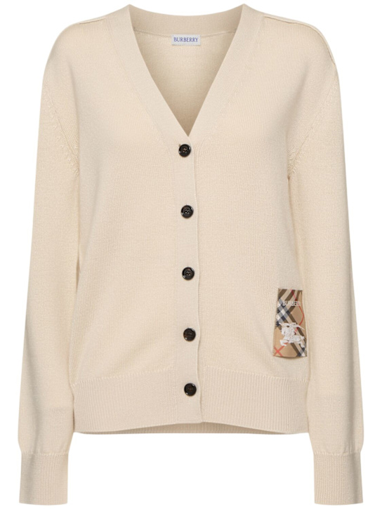 Burberry: Cardigan in maglia di lana con logo - women_0 | Luisa Via Roma