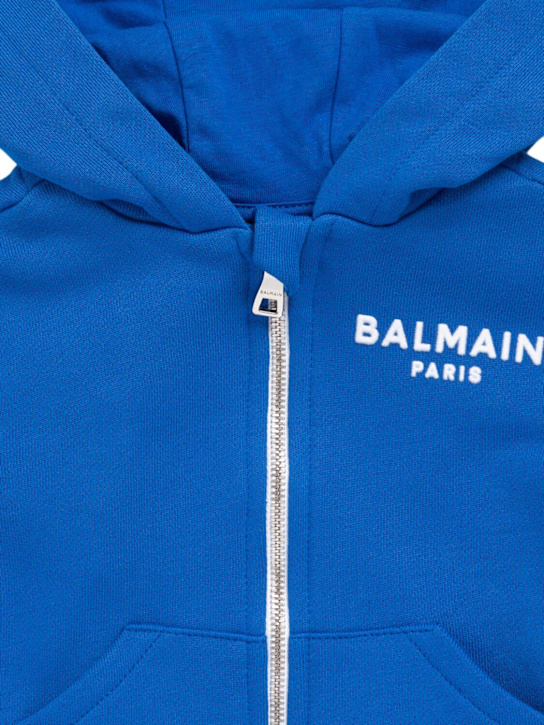 Balmain: Felpa in cotone con zip e stampa - Blu - kids-boys_1 | Luisa Via Roma
