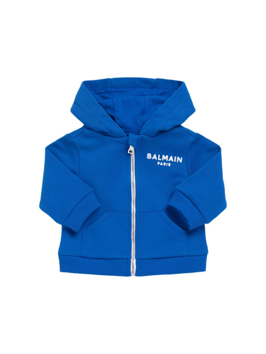 Balmain: Felpa in cotone con zip e stampa - Blu - kids-boys_0 | Luisa Via Roma
