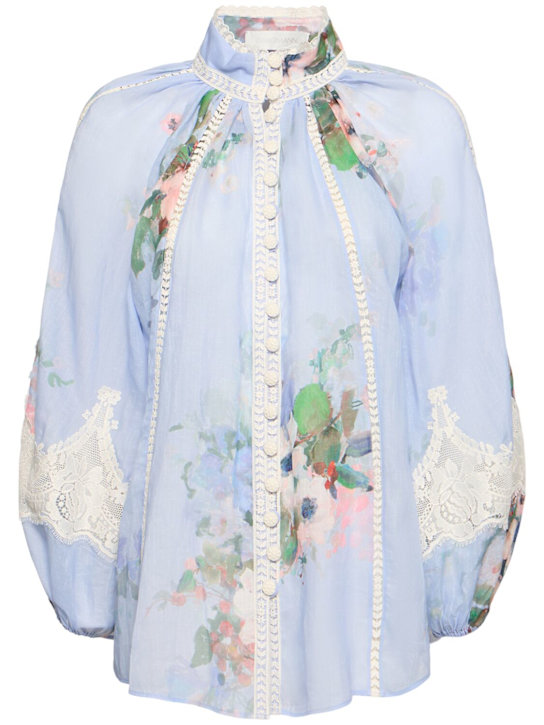 Zimmermann: Everley printed poly & lace shirt - Blue/Multi - women_0 | Luisa Via Roma