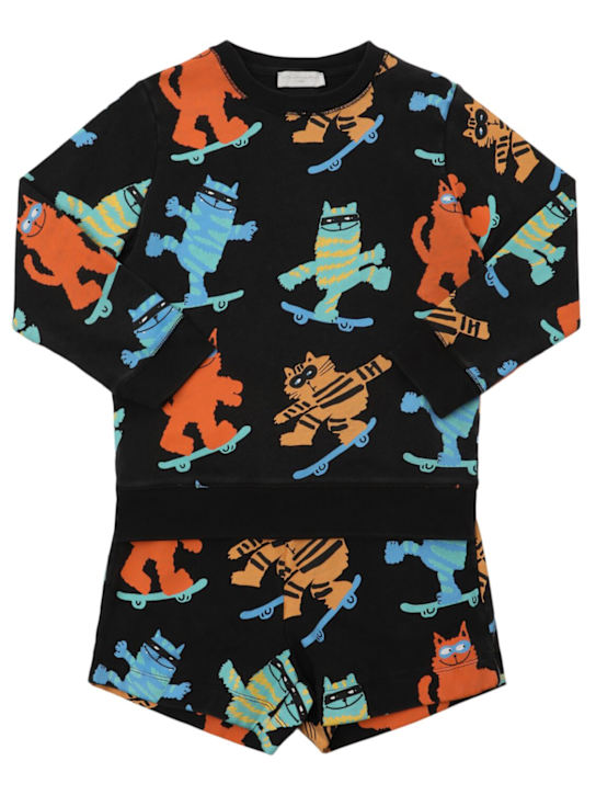 Stella McCartney Kids: コットンスウェットシャツ＆ショートパンツ - ブラック/マルチカラー - kids-boys_0 | Luisa Via Roma