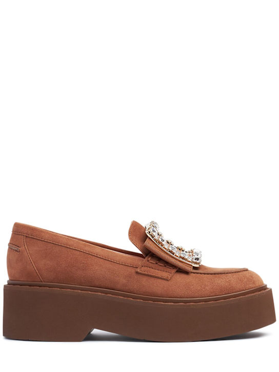 Roger Vivier: 50mm Viv Rangers Strass suede loafers - Tan - women_0 | Luisa Via Roma
