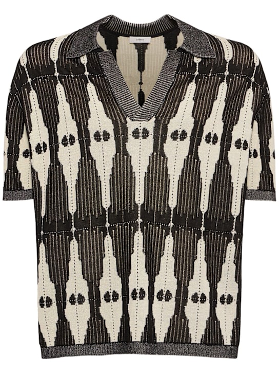 Commas: Ritual jacquard knit open placket polo - Cream / Black - men_0 | Luisa Via Roma