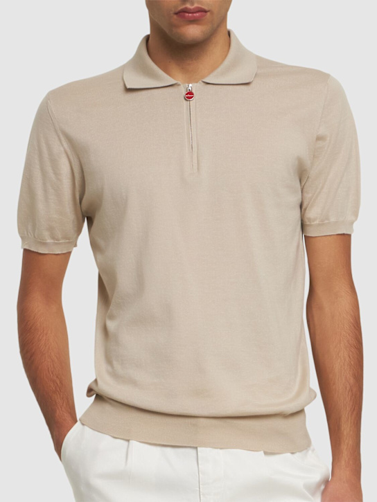 Kiton: Cotton zipped polo - Beige/White - men_2 | Luisa Via Roma
