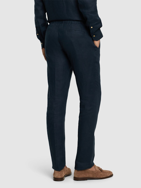 Kiton: Pleated linen pants - Blue - men_2 | Luisa Via Roma
