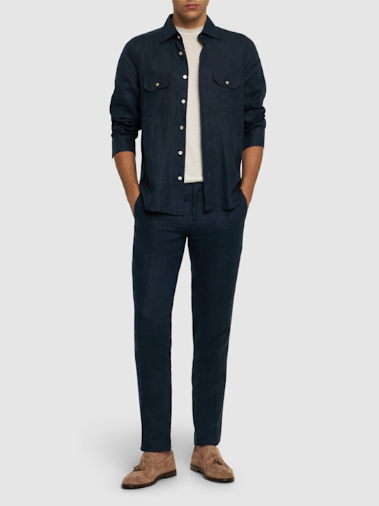 Kiton: Pleated linen pants - Blue - men_1 | Luisa Via Roma