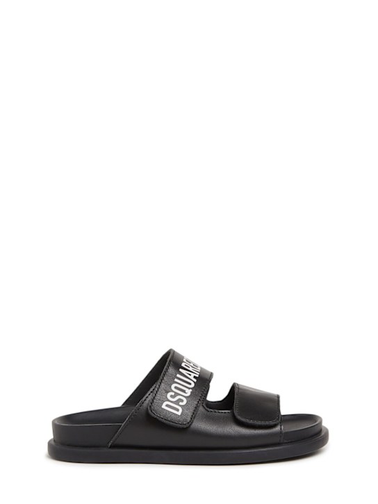 Dsquared2: Leather slide sandals w/logo - Black - kids-boys_0 | Luisa Via Roma