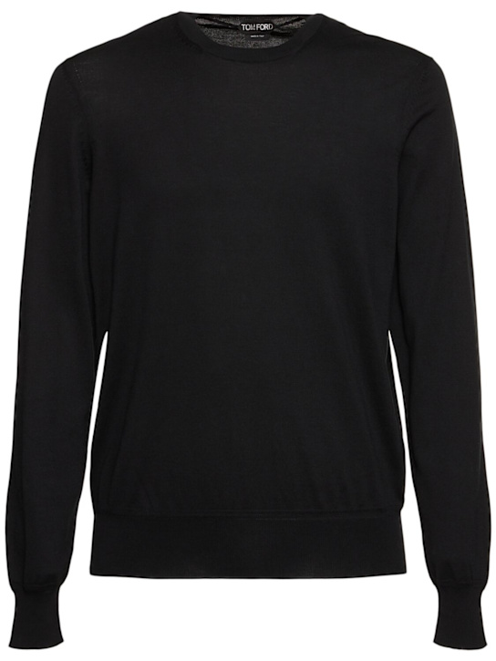 Tom Ford: Pure cotton l/s crewneck knit sweater - Black - men_0 | Luisa Via Roma