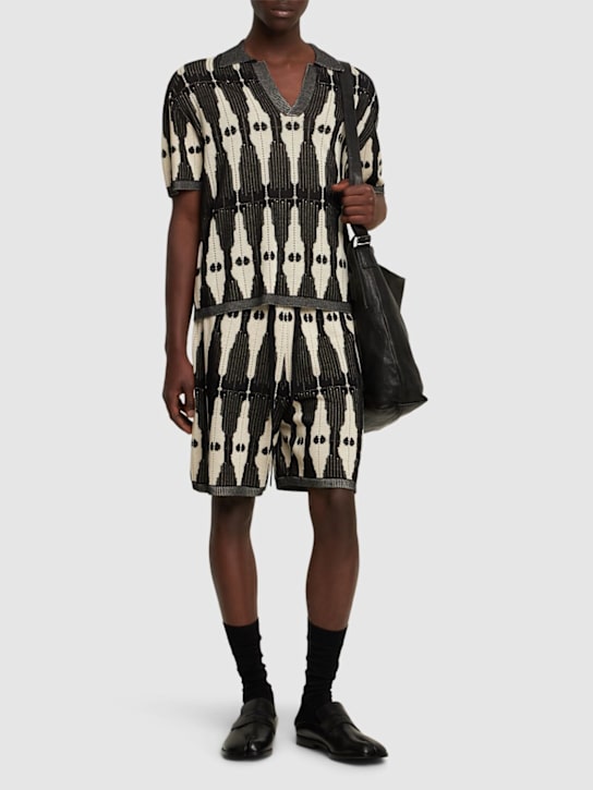 Commas: Ritual jacquard knit open placket polo - Cream / Black - men_1 | Luisa Via Roma