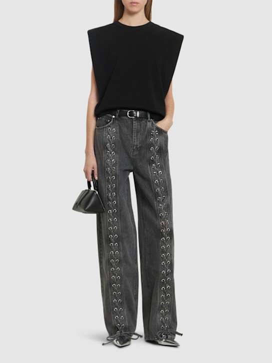Rotate: Pantaloni in denim con lacci - Nero - women_1 | Luisa Via Roma