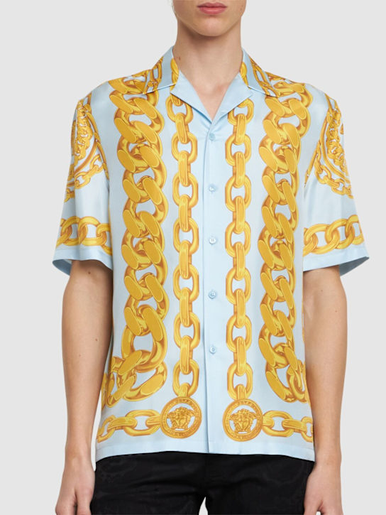 Versace: Medusa chain print silk shirt - Pastel Blue/Gol - men_2 | Luisa Via Roma