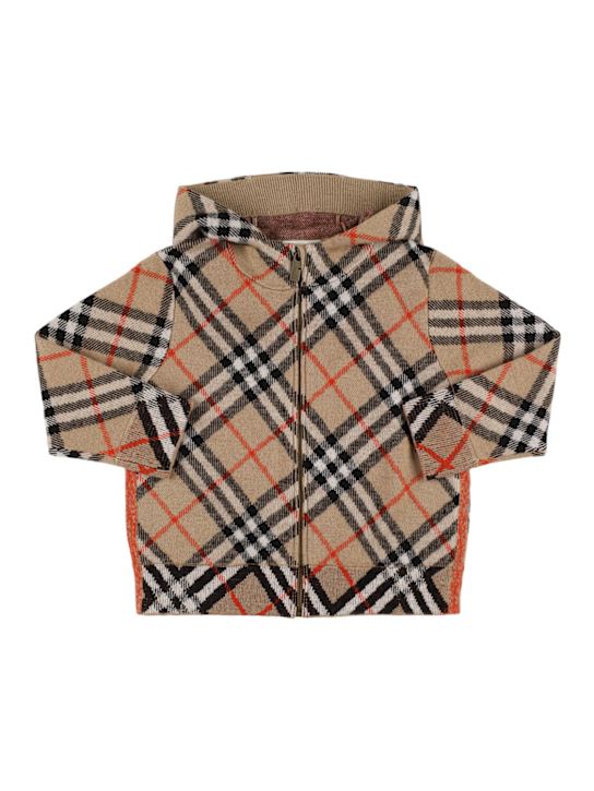 Burberry: Cardigan in maglia di lana con cappuccio e zip - kids-girls_0 | Luisa Via Roma