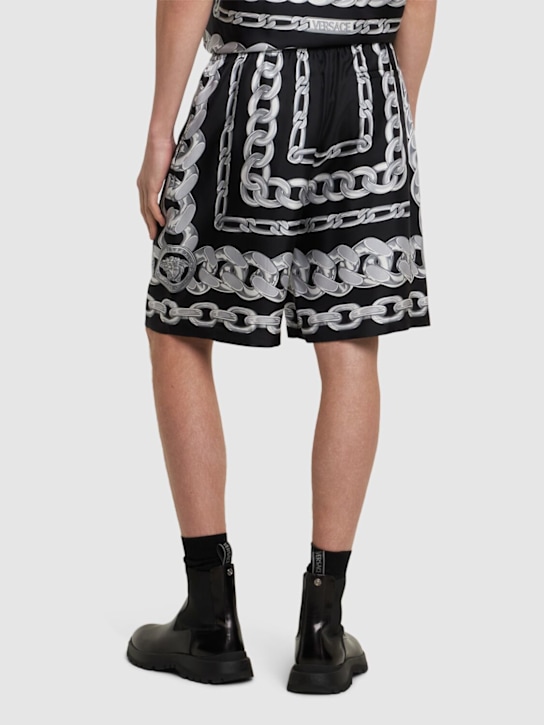 Versace: Medusa chain print silk twill shorts - Black/Silver - men_2 | Luisa Via Roma