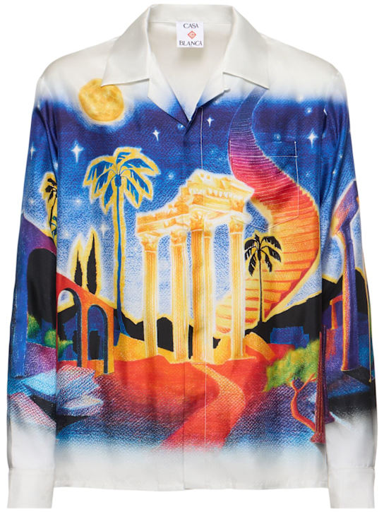 Casablanca: Cuban collar long sleeve silk shirt - Blue/Multi - men_0 | Luisa Via Roma