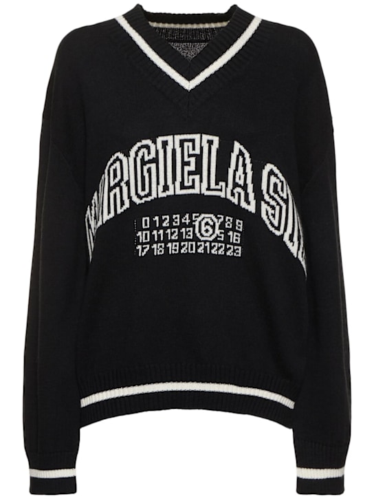 MM6 Maison Margiela: Logo jacquard knit V-neck sweater - women_0 | Luisa Via Roma