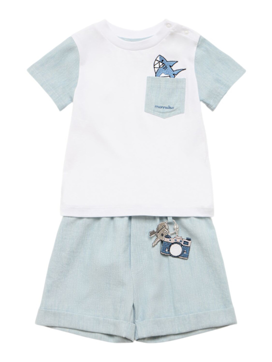 Monnalisa: Cotton t-shirt & shorts - White/Blue - kids-boys_0 | Luisa Via Roma
