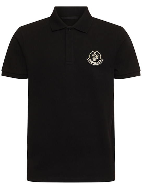 Moncler: CNY cotton piquet polo shirt - Black - men_0 | Luisa Via Roma