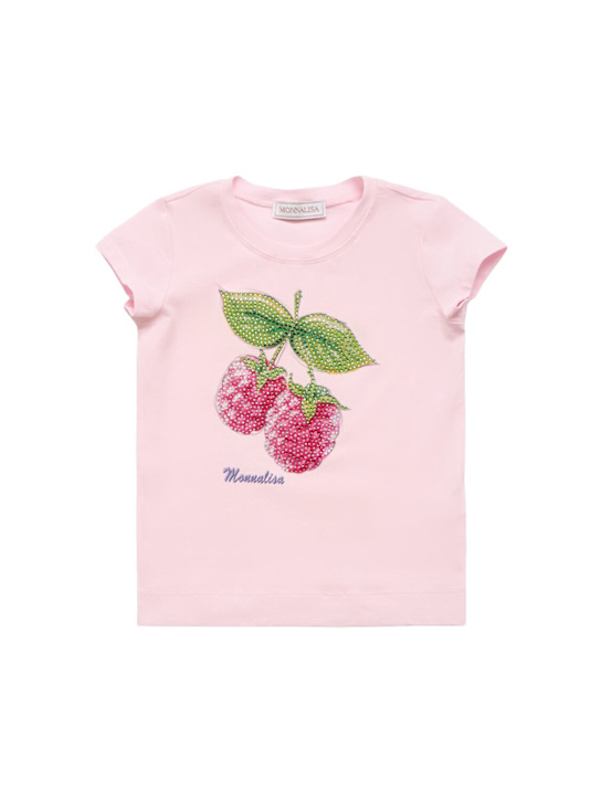 Monnalisa: T-shirt in jersey di cotone stampato - Rosa Chiaro - kids-girls_0 | Luisa Via Roma
