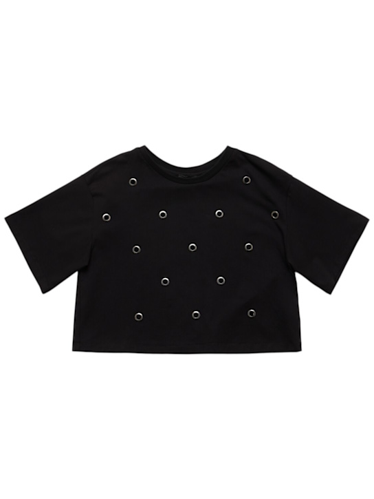 Monnalisa: Stretch cotton jersey crop t-shirt - Black - kids-girls_0 | Luisa Via Roma