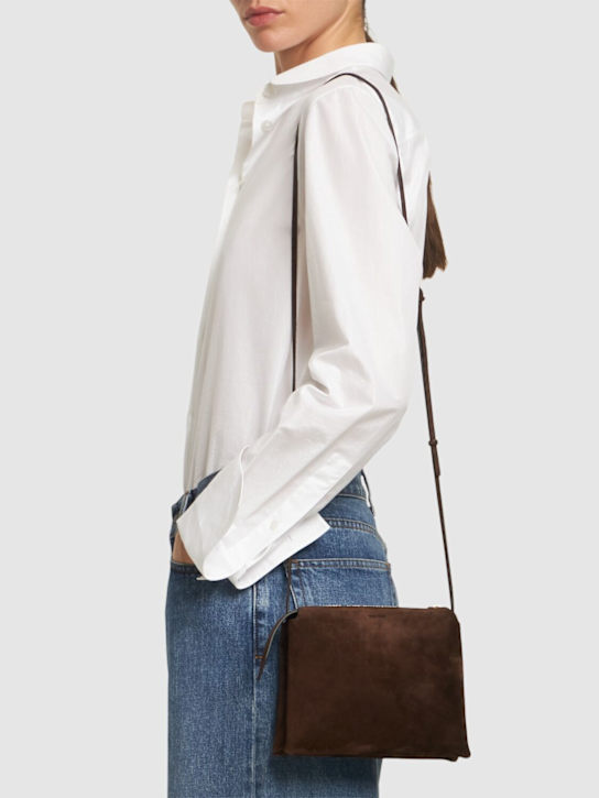 The Row: Nu mini Twin suede shoulder bag - Mocha - women_1 | Luisa Via Roma