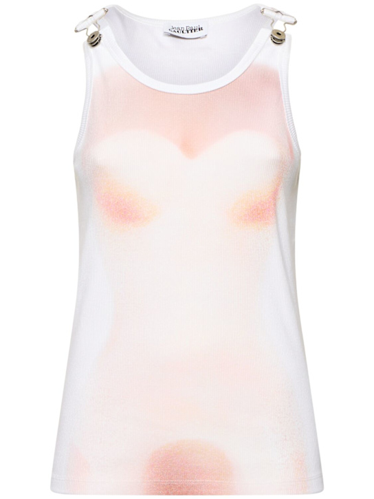 Jean Paul Gaultier: Tank top Le Classique in cotone a costine stampato - Rosa/Bianco - women_0 | Luisa Via Roma