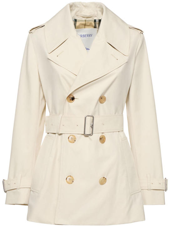 Burberry: Trench corto in gabardina con cintura - women_0 | Luisa Via Roma