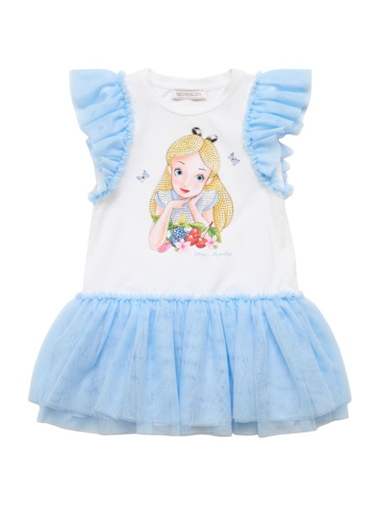 Monnalisa: Vestito in jersey stampato e tulle - Blu - kids-girls_0 | Luisa Via Roma