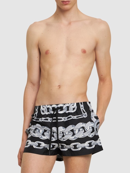 Versace: Printed nylon swim shorts - Black/Silver - men_1 | Luisa Via Roma