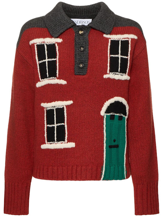 JW Anderson: House针织POLO衫 - 酒红色/绿色 - women_0 | Luisa Via Roma