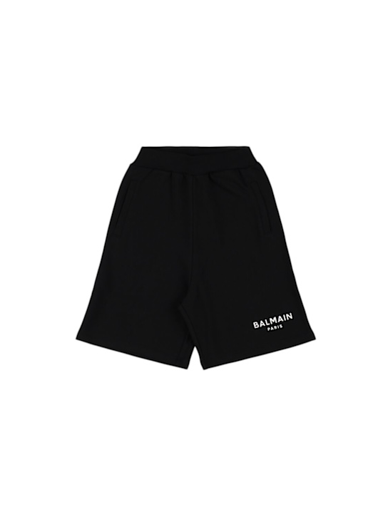 Balmain: Shorts in pile di cotone con logo - Nero - kids-girls_0 | Luisa Via Roma