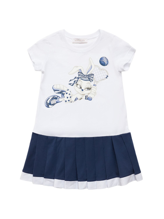 Monnalisa: Vestito in jersey di misto cotone stampato - Bianco/Blu - kids-girls_0 | Luisa Via Roma