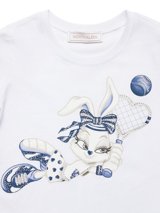 Monnalisa: Vestito in jersey di misto cotone stampato - Bianco/Blu - kids-girls_1 | Luisa Via Roma