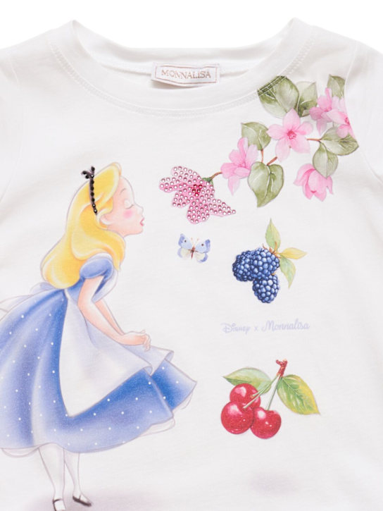 Monnalisa: アリスインワンダーランドプリントのコットンTシャツ - ホワイト - kids-girls_1 | Luisa Via Roma