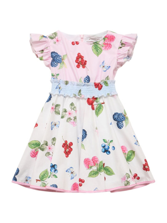 Monnalisa: Vestito in popeline di cotone stampato - Bianco/Multi - kids-girls_0 | Luisa Via Roma