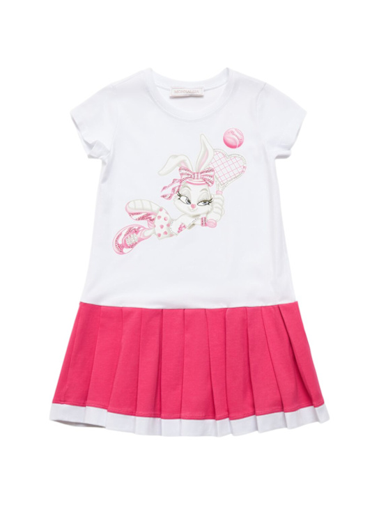 Monnalisa: プリントコットンブレンドジャージードレス - ホワイト/フクシャ - kids-girls_0 | Luisa Via Roma