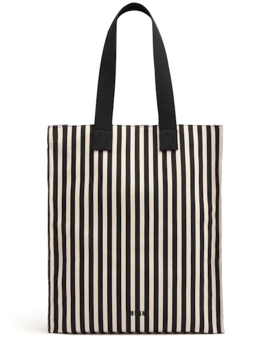 MSGM: Borsa shopping in tela a righe - Nero/Bianco - women_0 | Luisa Via Roma