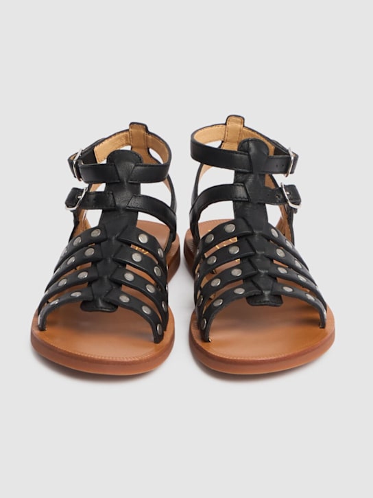 Pom D'api: Leather sandals w/studs - Black - kids-girls_1 | Luisa Via Roma