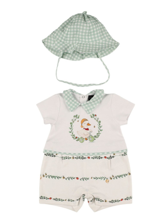 Monnalisa: Printed cotton interlock romper & hat - White - kids-boys_0 | Luisa Via Roma