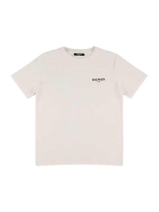 Balmain: Camiseta de jersey de algodón estampada - Blanco - kids-boys_0 | Luisa Via Roma