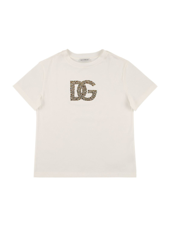 Dolce&Gabbana: T-shirt in jersey di cotone con decorazioni - Bianco/Oro - kids-girls_0 | Luisa Via Roma