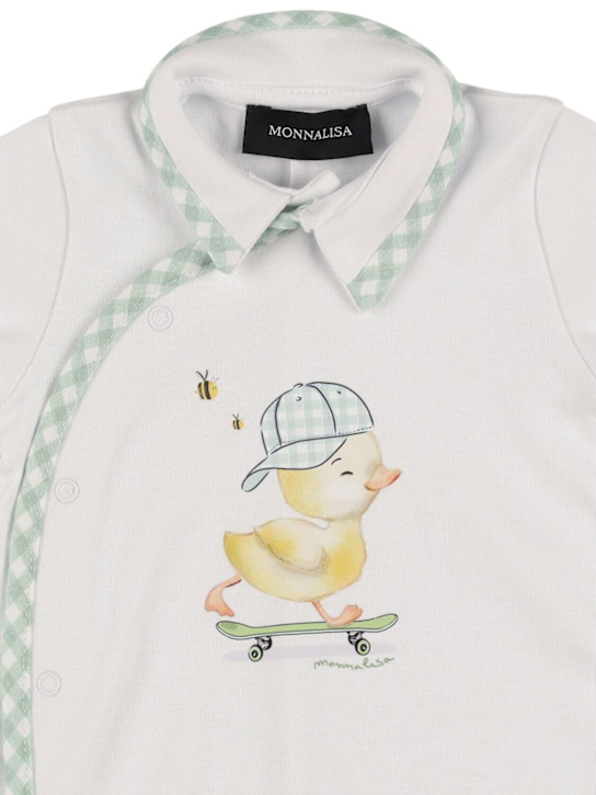 Monnalisa: Printed cotton romper, bib & hat - White - kids-boys_1 | Luisa Via Roma