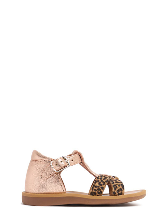 Pom D'api: Mini Leo leather sandals - Gold/Beige - kids-girls_0 | Luisa Via Roma