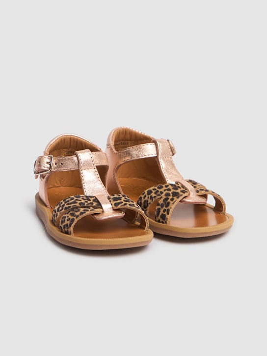 Pom D'api: Mini Leo leather sandals - Gold/Beige - kids-girls_1 | Luisa Via Roma