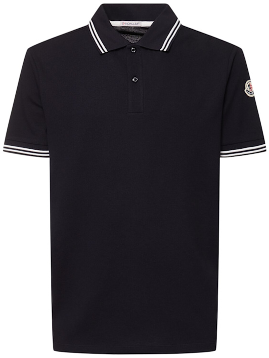 Moncler: Striped trim cotton piquet polo shirt - men_0 | Luisa Via Roma