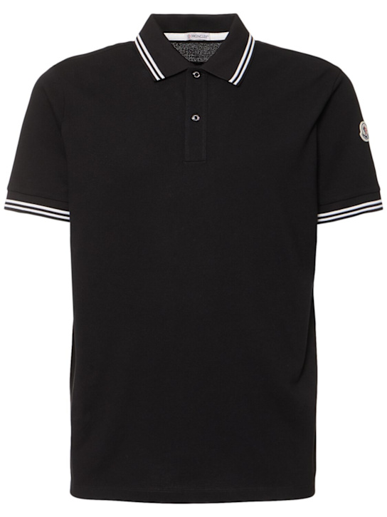 Moncler: Striped trim cotton piquet polo shirt - Black - men_0 | Luisa Via Roma
