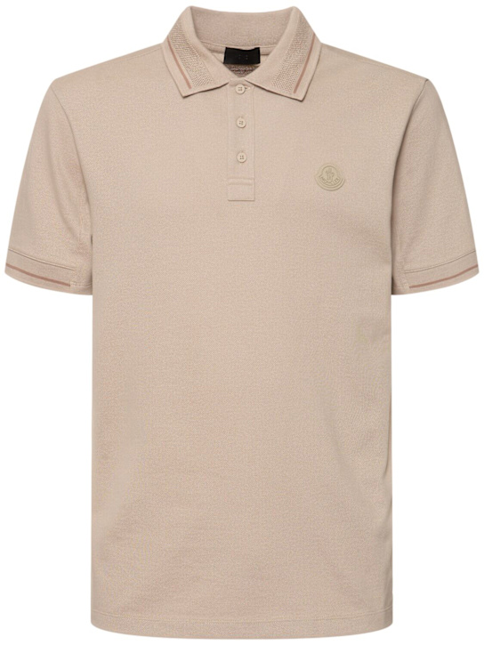 Moncler: Logo patch cotton polo shirt - Sand Beige - men_0 | Luisa Via Roma