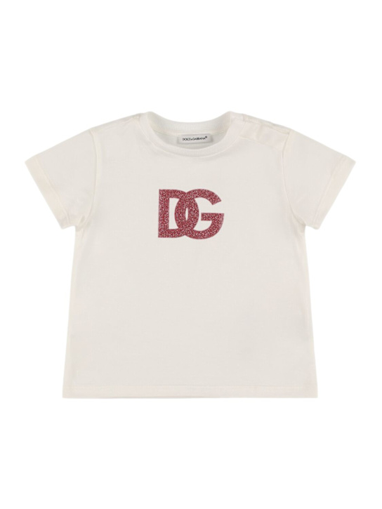 Dolce&Gabbana: T-shirt in jersey di cotone con decorazioni - Bianco/Rosa - kids-girls_0 | Luisa Via Roma