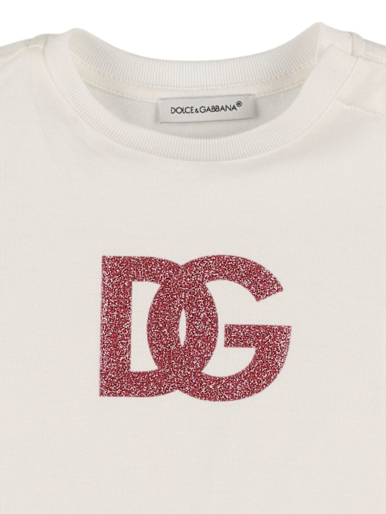 Dolce&Gabbana: T-shirt in jersey di cotone con decorazioni - Bianco/Rosa - kids-girls_1 | Luisa Via Roma