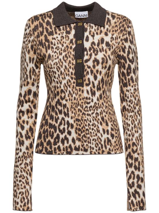 GANNI: Leopard jacquard wool polo top - women_0 | Luisa Via Roma